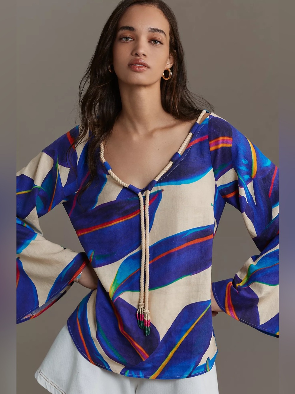Anthropologie Farm Rio Long-Sleeve Rope-Tie
Linen Blouse